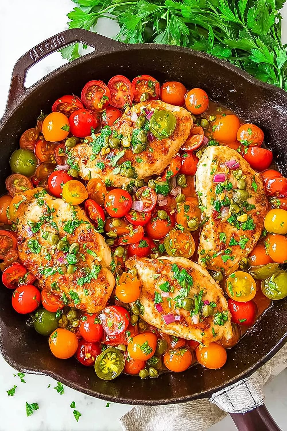 Simple Chicken and Tomatoes Skillet with Garlic and Capers