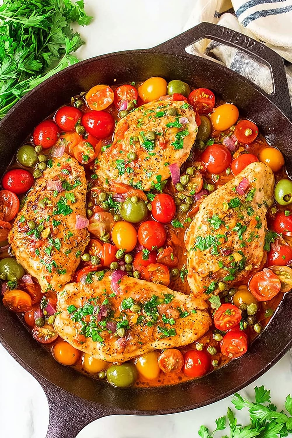 Simple Chicken and Tomatoes Skillet with Garlic and Capers