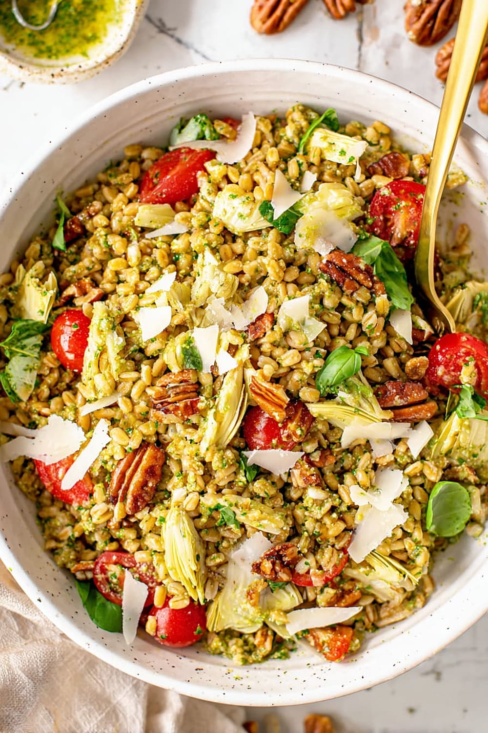 Farro with Pesto, Tomatoes and Pecans