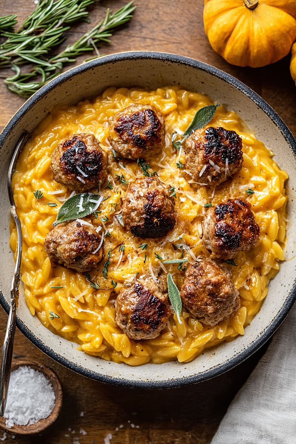 Lemon Thyme Meatballs with Pumpkin Orzo