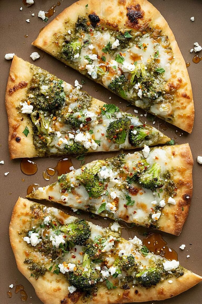 Cheesy Broccoli Pesto Flatbread Pizza