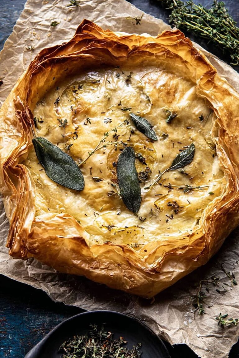 Skillet Chicken Broccoli Pot Pie with Garlic Butter Phyllo Crust