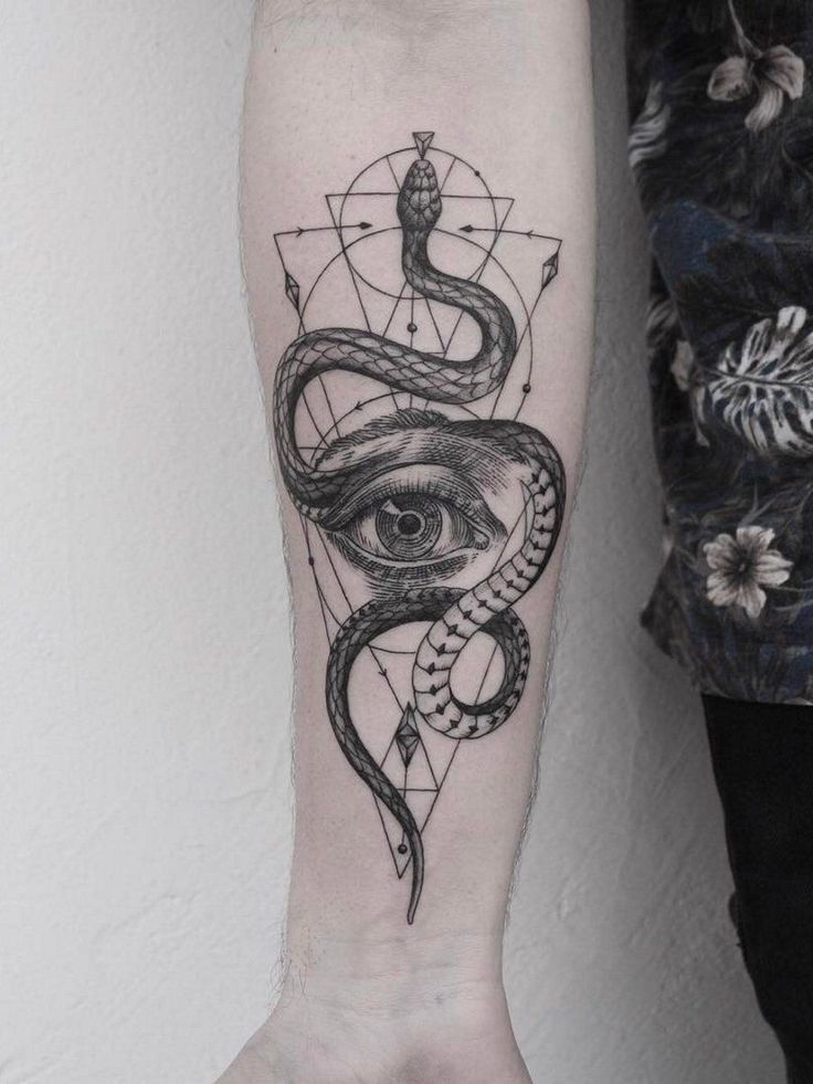 A blackwork snake with brutalist geometry