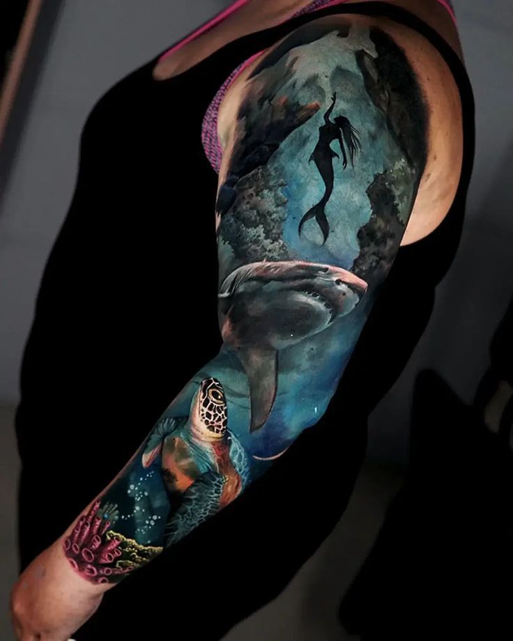 Ocean sleeve with a great white and storm waves