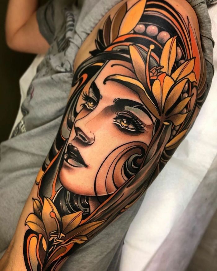 Neo-traditional femme portrait with flowers and knives