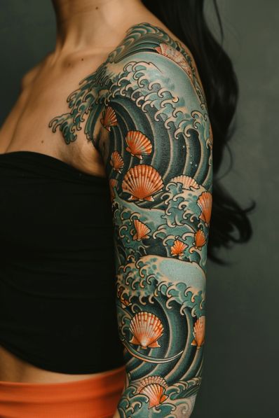 Full Japanese irezumi with waves and koi drama