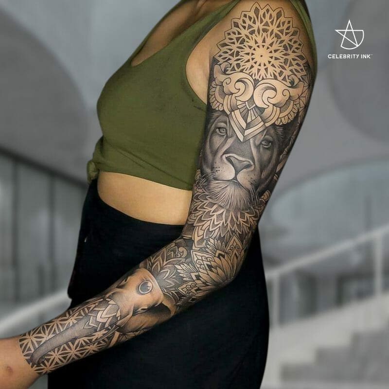 Geometric sleeve with a realistic animal breaking through