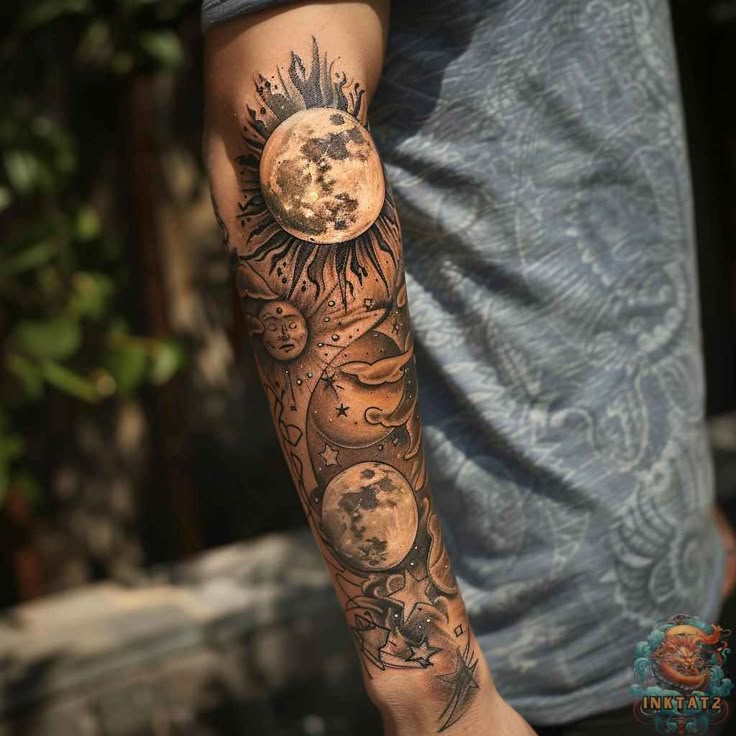 Celestial sleeve with moons, planets, and deep shadows