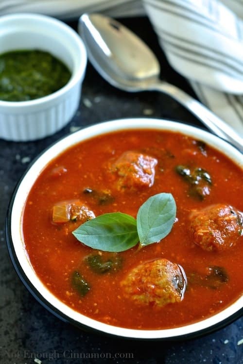 Tomato Basil Pesto Meatball Soup