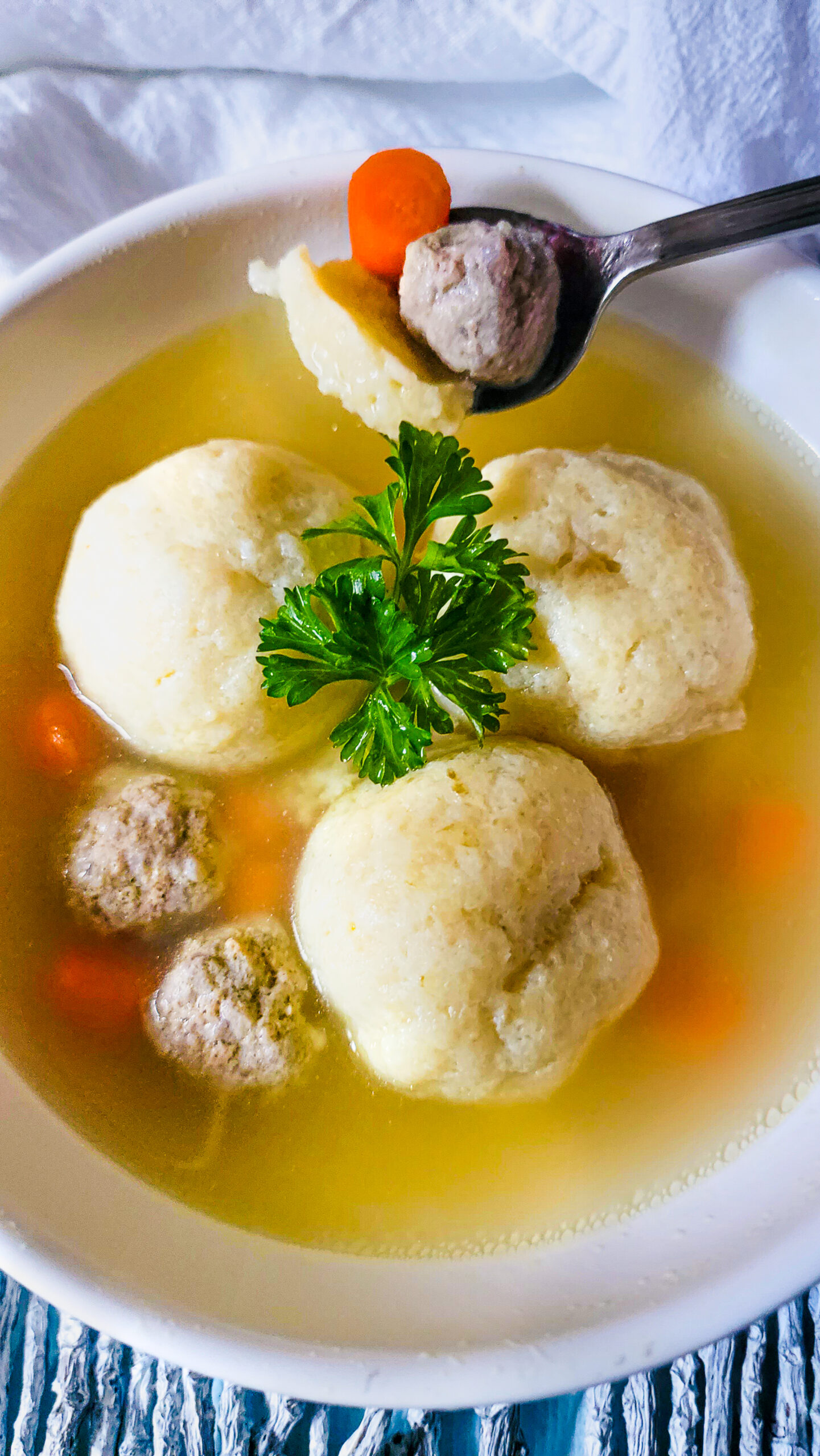 Matzo Ball Soup with Beef Meatballs