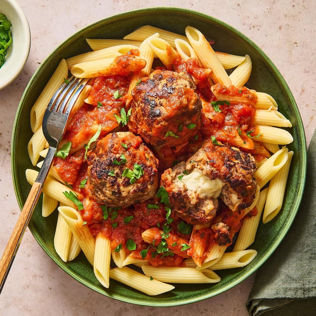 Mozzarella Stuffed Meatball Pasta