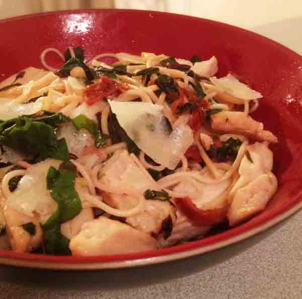 Beet Pasta with Chicken and Greens