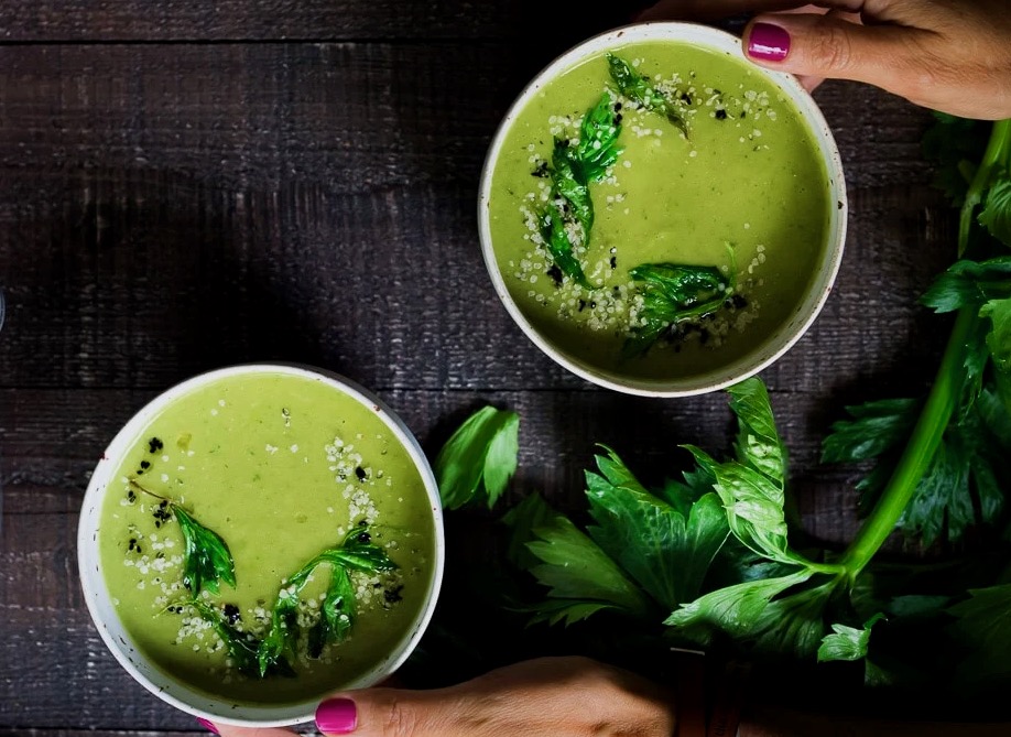Celery Soup with Crispy Celery Leaf Garnish