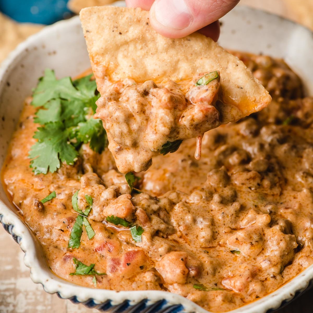 Cheesy Beef Dip with Tortilla Chips