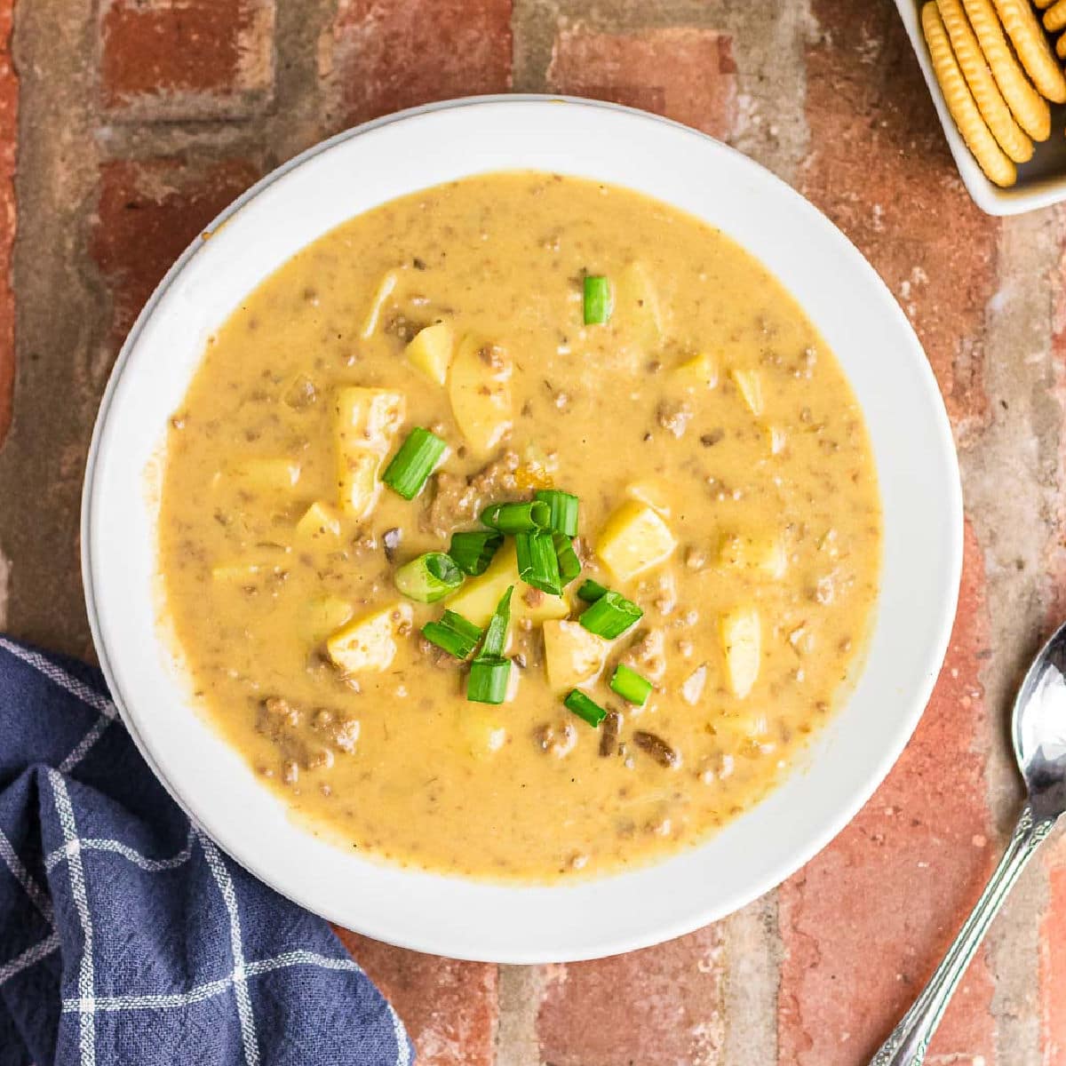 Cheeseburger Soup with Crispy Onions