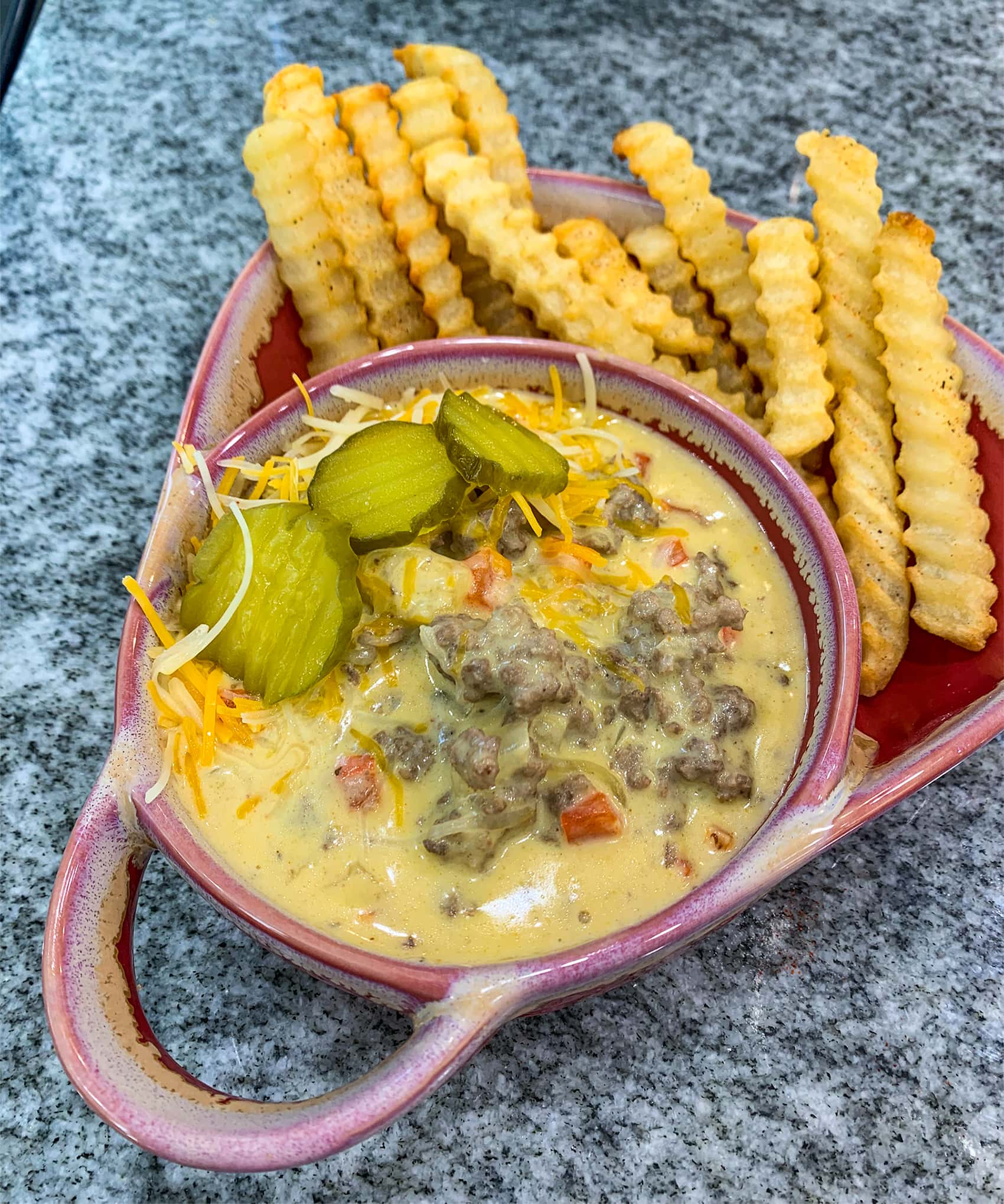 Cheeseburger Soup with Dill Pickle Juice