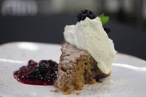 Pear Cake with Blackberry Compote
