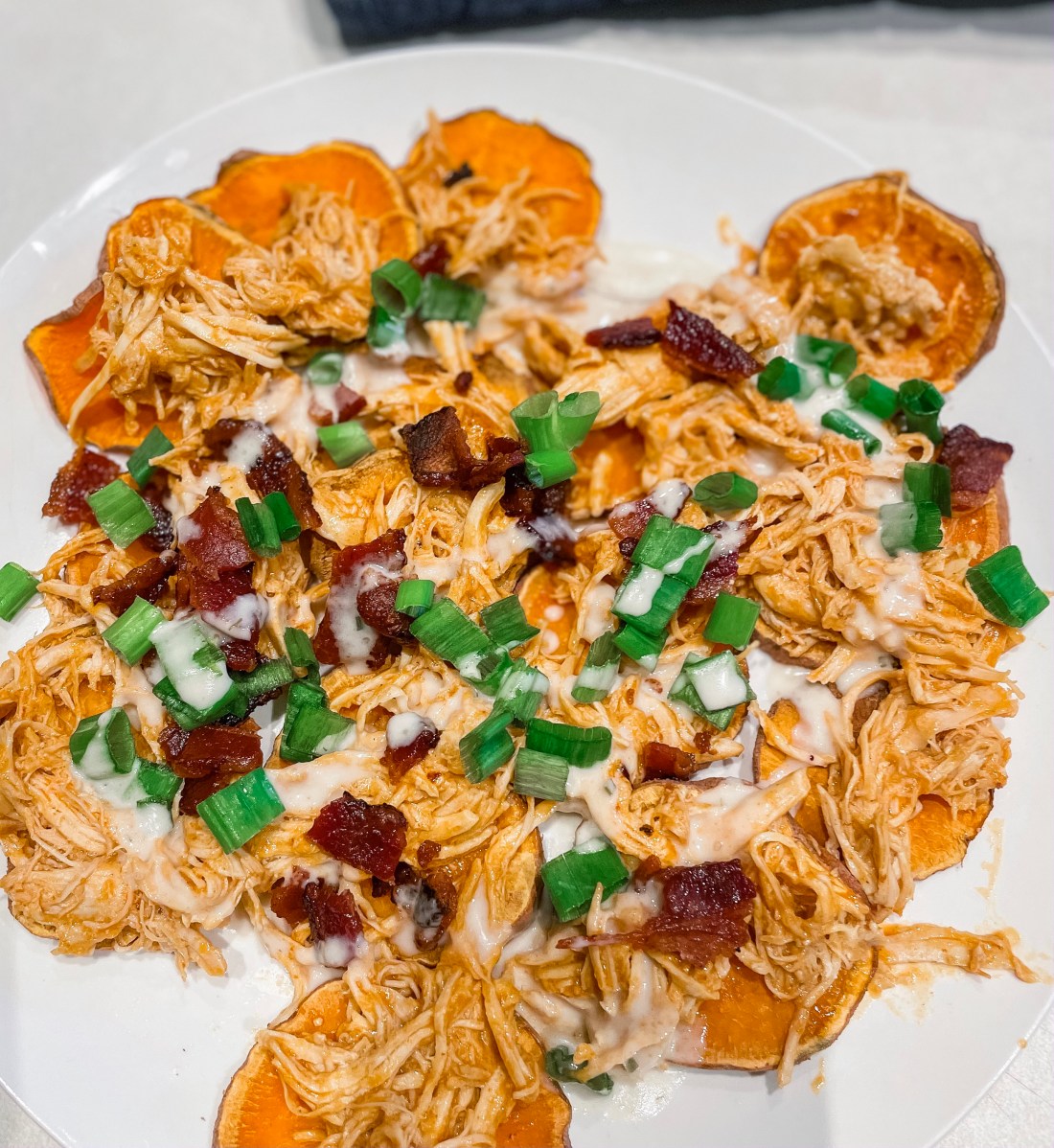Buffalo Chicken Sweet Potato Nachos