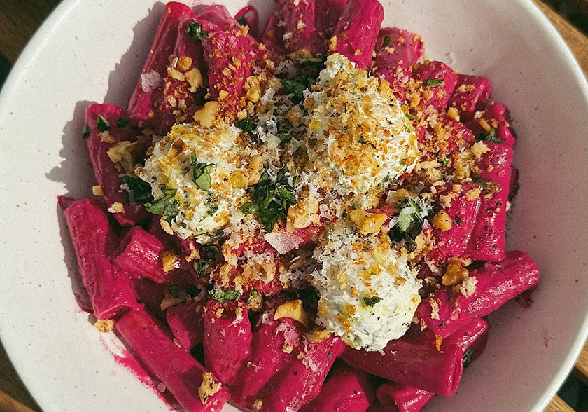 Beet Pasta with Walnut Sauce