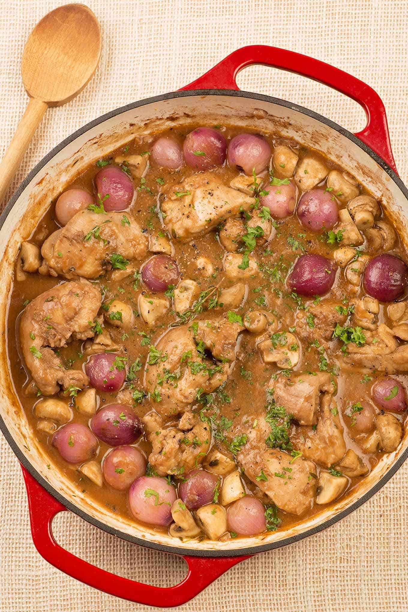 Red Wine Braised Chicken with Pearl Onions