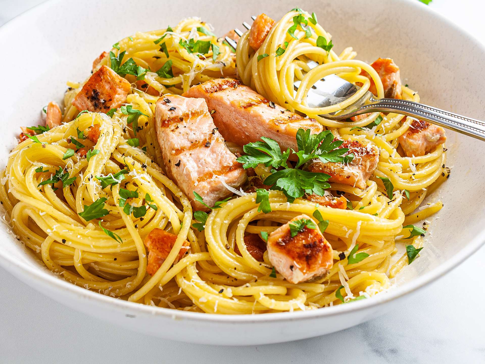 Salmon Pasta Carbonara Style