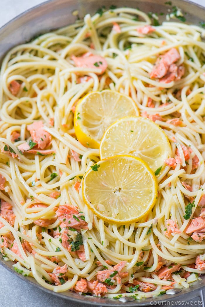 Lemon Garlic Salmon Linguine