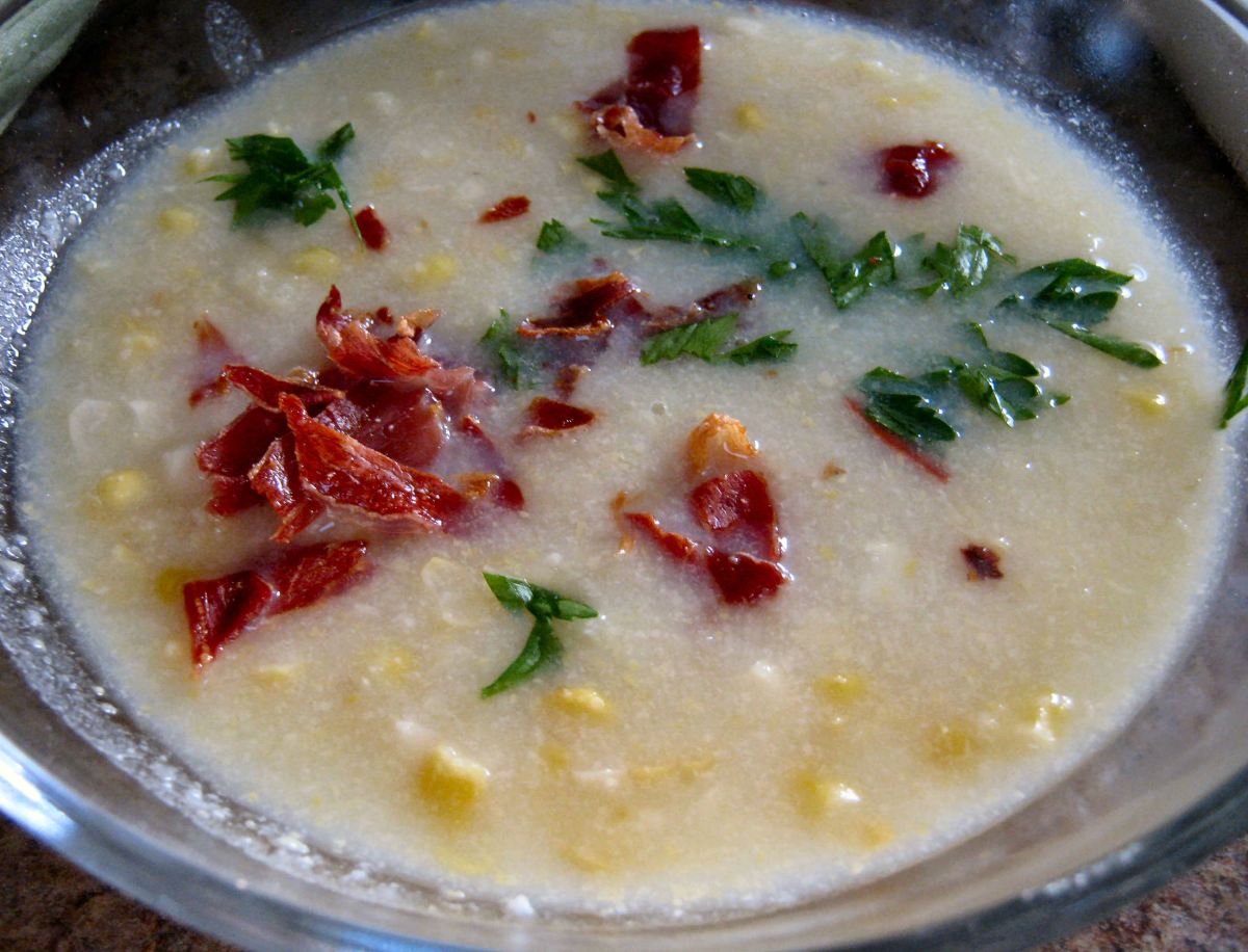 Corn Soup with Crispy Prosciutto